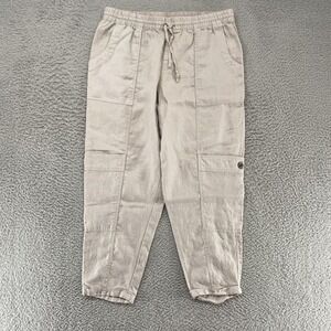 Garnet‎ Hill Linen Cargo Pants Womens Medium Gray Elastic Waist Travel Summer